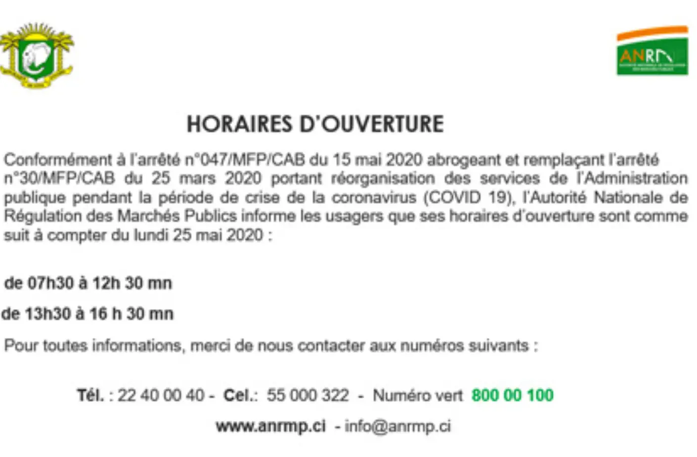 HORAIRES D’OUVERTURE