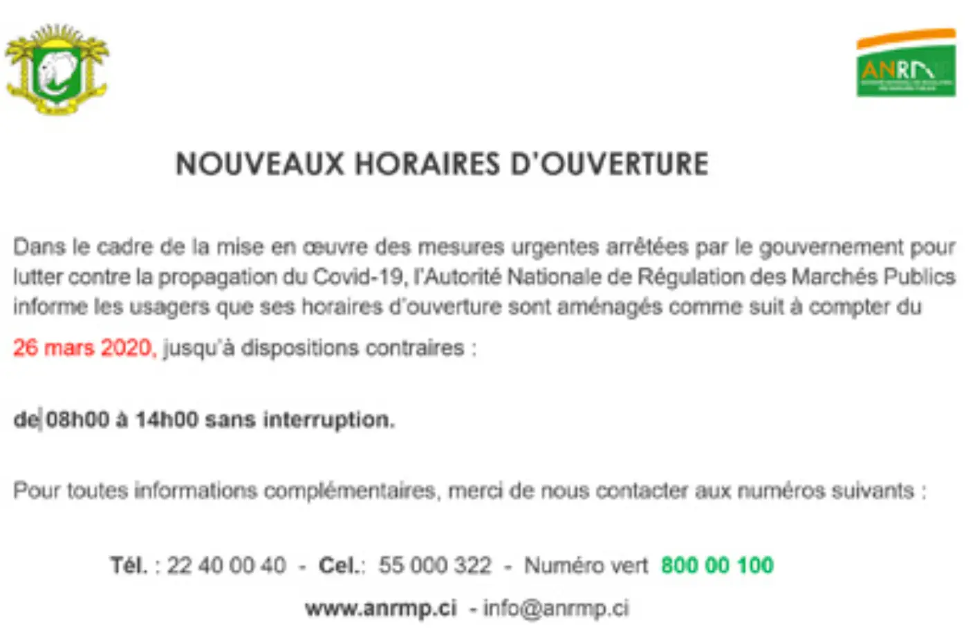 Nouveaux horaires d’ouverture