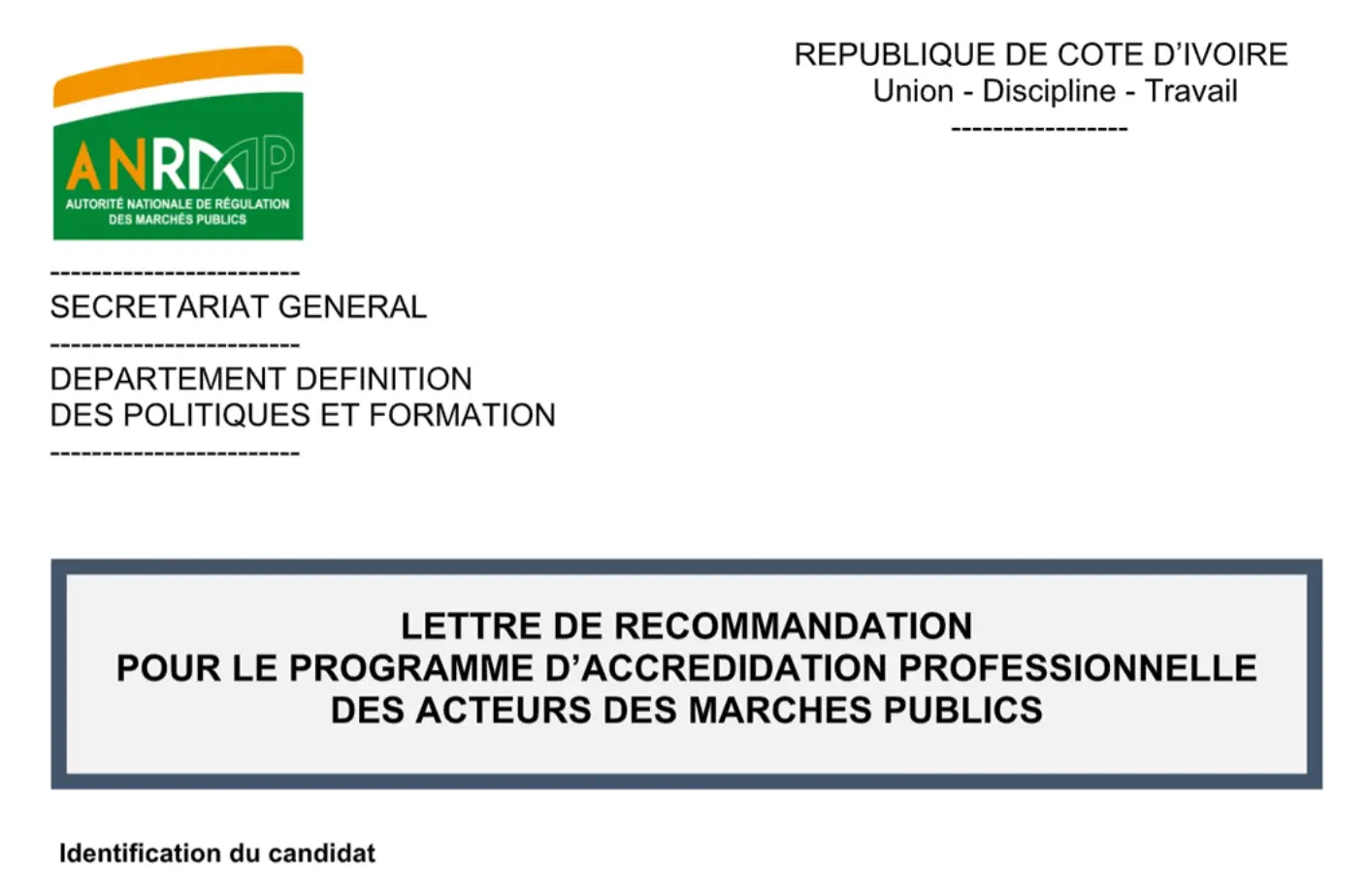 Lettre de Recommandation pour le Programme d’Accréditation Professionnelle dans le Domaine des Marchés Public
